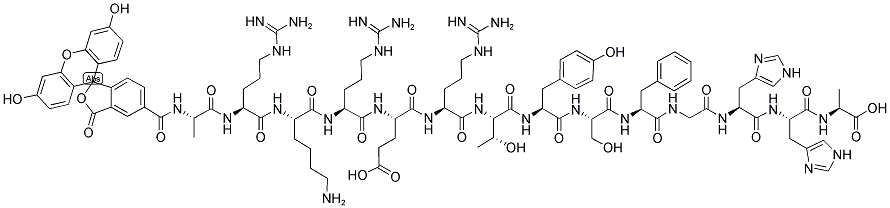 5-FAM-ALA-ARG-LYS-ARG-GLU-ARG-THR-TYR-SER-PHE-GLY-HIS-HIS-ALA-OH Struktur