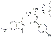 (E)-4-BROMO-N-((4,6-DIMETHYLPYRIMIDIN-2-YLAMINO)(2-(6-METHOXY-1H-INDOL-3-YL)ETHYLAMINO)METHYLENE)BENZAMIDE Struktur