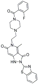 2-(BENZO[D]THIAZOL-2-YL)-5-(2-(4-(2-FLUOROBENZOYL)PIPERAZIN-1-YL)ETHYL)-4-METHYL-1,2-DIHYDRO-5H-PYRAZOLO[4,3-C]PYRIDINE-3,6-DIONE Struktur