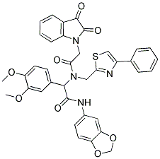 N-(BENZO[D][1,3]DIOXOL-5-YL)-2-(3,4-DIMETHOXYPHENYL)-2-(2-(2,3-DIOXOINDOLIN-1-YL)-N-((4-PHENYLTHIAZOL-2-YL)METHYL)ACETAMIDO)ACETAMIDE Struktur