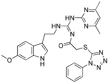 (E)-N-((4,6-DIMETHYLPYRIMIDIN-2-YLAMINO)(2-(6-METHOXY-1H-INDOL-3-YL)ETHYLAMINO)METHYLENE)-2-(1-PHENYL-1H-TETRAZOL-5-YLTHIO)ACETAMIDE Struktur