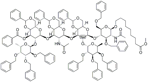 8-METHOXYCARBONYLOCTYL 2,3,4-TRI-O-BENZYL-ALPHA-L-FUCOPYRANOSIDE(1-2)-3-O-BENZOYL-4,6-O-BENZYLIDENE-BETA-D-GALACTOPYRANOSYL(1-3)-2-ACETAMIDO-4,6-O-BENZYLIDENE-2-DEOXY-BETA-D-GALACTOPYRANOSYL(1-3)-[2,3,4-TRI-O-BENZYL-ALPHA-L-FUCOPYRANOSYL(1-2)]-4,6-O-BENZYLIDENE-BETA-D-GALACTOPYRANOSYL(1-4)-2-ACETAMIDO-3,6-DI-O-BENZYL-2-DEOXY-BETA-D-GLUCOPYRANOSIDE Struktur