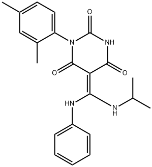 (Z)-1-(2,4-DIMETHYLPHENYL)-5-((ISOPROPYLAMINO)(PHENYLAMINO)METHYLENE)PYRIMIDINE-2,4,6(1H,3H,5H)-TRIONE Struktur