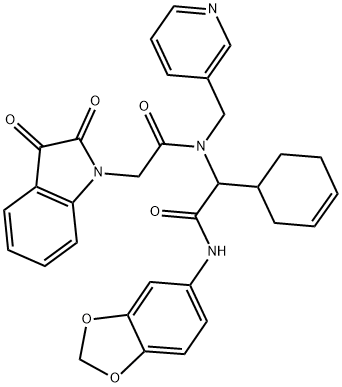 N-(BENZO[D][1,3]DIOXOL-5-YL)-2-(CYCLOHEX-3-ENYL)-2-(2-(2,3-DIOXOINDOLIN-1-YL)-N-(PYRIDIN-3-YLMETHYL)ACETAMIDO)ACETAMIDE Struktur