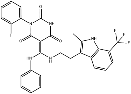 (Z)-1-(2-FLUOROPHENYL)-5-((2-(2-METHYL-7-(TRIFLUOROMETHYL)-1H-INDOL-3-YL)ETHYLAMINO)(PHENYLAMINO)METHYLENE)PYRIMIDINE-2,4,6(1H,3H,5H)-TRIONE Struktur