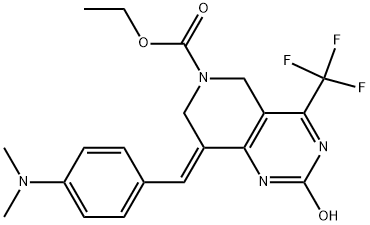 8-(E)-P-DIMETHYLAMINOBENZYLIDENE-6-ETHOXYCARBONYL-5,6,7,8-TETRAHYDRO-2-HYDROXY-4-(TRIFLUOROMETHYL)PYRIDO-[4,3-D]-PYRIMIDINE Struktur