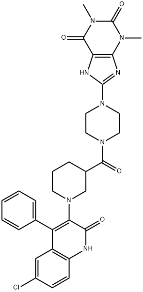 8-(4-(1-(6-CHLORO-2-OXO-4-PHENYL-1,2-DIHYDROQUINOLIN-3-YL)PIPERIDINE-3-CARBONYL)PIPERAZIN-1-YL)-1,3-DIMETHYL-1H-PURINE-2,6(3H,7H)-DIONE Struktur