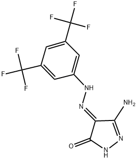 (4E)-3-AMINO-1H-PYRAZOLE-4,5-DIONE 4-{[3,5-BIS(TRIFLUOROMETHYL)PHENYL]HYDRAZONE} Struktur