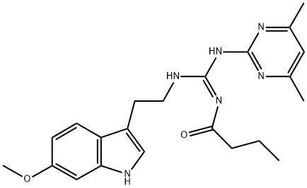 N'-BUTYRYL-N-(4,6-DIMETHYL-2-PYRIMIDINYL)-N'-[2-(6-METHOXY-1H-INDOL-3-YL)ETHYL]GUANIDINE Struktur