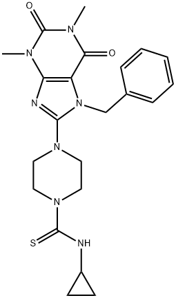 N-CYCLOPROPYL-4-(1,3-DIMETHYL-7-BENZYL-2,6-DIOXO-2,3,6,7-TETRAHYDRO-1H-PURIN-8-YL)PIPERAZINE-1-CARBOTHIOAMIDE Struktur