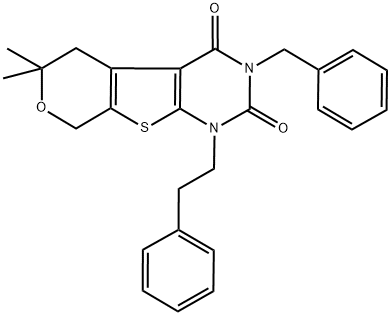 3-BENZYL-6,6-DIMETHYL-1-PHENETHYL-1,5,6,8-TETRAHYDRO-2H-PYRANO[4',3':4,5]THIENO[2,3-D]PYRIMIDINE-2,4(3H)-DIONE Struktur