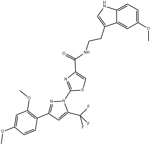 2-(3-(2,4-DIMETHOXYPHENYL)-5-(TRIFLUOROMETHYL)-1H-PYRAZOL-1-YL)-N-(2-(5-METHOXY-1H-INDOL-3-YL)ETHYL)THIAZOLE-4-CARBOXAMIDE Struktur