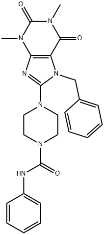 4-(7-BENZYL-1,3-DIMETHYL-2,6-DIOXO-2,3,6,7-TETRAHYDRO-1H-PURIN-8-YL)-N-PHENYLPIPERAZINE-1-CARBOXAMIDE Struktur