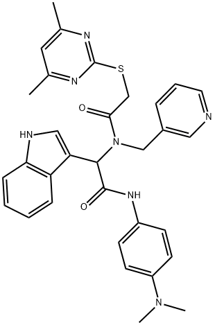 N-(4-(DIMETHYLAMINO)PHENYL)-2-(2-(4,6-DIMETHYLPYRIMIDIN-2-YLTHIO)-N-(PYRIDIN-3-YLMETHYL)ACETAMIDO)-2-(1H-INDOL-3-YL)ACETAMIDE Struktur