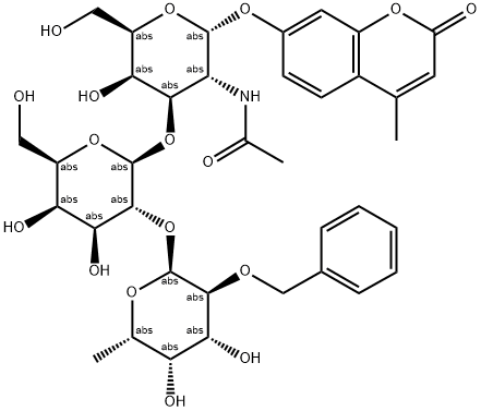 4-METHYLUMBELLIFERYL 2-O-BENZYL-ALPHA-L-FUCOPYRANOSYL-(1-2)-BETA-D-GALACTOPYRANOSYL-(1-3)-2-ACETAMIDO-2-DEOXY-ALPHA-D-GALACTOPYRANOSIDE Struktur