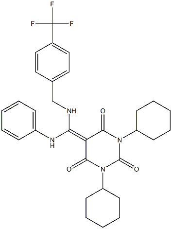 1,3-DICYCLOHEXYL-5-((PHENYLAMINO)(4-(TRIFLUOROMETHYL)BENZYLAMINO)METHYLENE)PYRIMIDINE-2,4,6(1H,3H,5H)-TRIONE Struktur