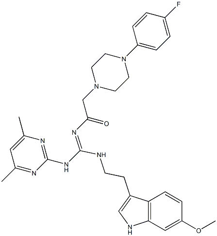 (E)-N-((4,6-DIMETHYLPYRIMIDIN-2-YLAMINO)(2-(6-METHOXY-1H-INDOL-3-YL)ETHYLAMINO)METHYLENE)-2-(4-(4-FLUOROPHENYL)PIPERAZIN-1-YL)ACETAMIDE Struktur