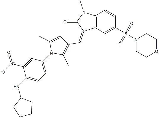 (Z)-3-((1-(4-(CYCLOPENTYLAMINO)-3-NITROPHENYL)-2,5-DIMETHYL-1H-PYRROL-3-YL)METHYLENE)-1-METHYL-5-(MORPHOLINOSULFONYL)INDOLIN-2-ONE Struktur