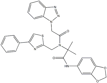 2-(2-(1H-BENZO[D][1,2,3]TRIAZOL-1-YL)-N-((4-PHENYLTHIAZOL-2-YL)METHYL)ACETAMIDO)-N-(BENZO[D][1,3]DIOXOL-5-YL)-2-METHYLPROPANAMIDE Struktur