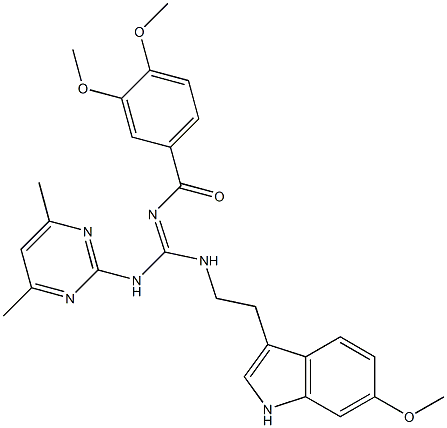 (E)-N-((4,6-DIMETHYLPYRIMIDIN-2-YLAMINO)(2-(6-METHOXY-1H-INDOL-3-YL)ETHYLAMINO)METHYLENE)-3,4-DIMETHOXYBENZAMIDE Struktur