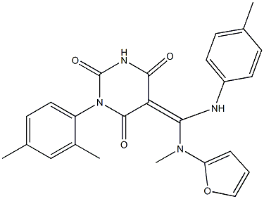 (Z)-5-((P-TOLUIDINO)(FURAN-2-YLMETHYLAMINO)METHYLENE)-1-(2,4-DIMETHYLPHENYL)PYRIMIDINE-2,4,6(1H,3H,5H)-TRIONE Struktur