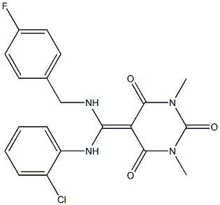 5-{[(2-CHLOROPHENYL)AMINO][(4-FLUOROBENZYL)AMINO]METHYLENE}-1,3-DIMETHYLPYRIMIDINE-2,4,6(1H,3H,5H)-TRIONE Struktur