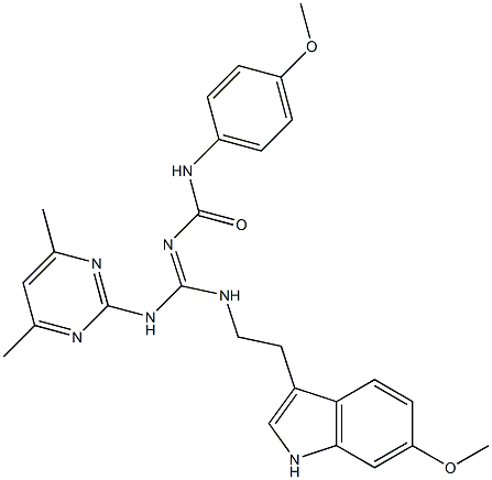 (E)-1-((4,6-DIMETHYLPYRIMIDIN-2-YLAMINO)(2-(6-METHOXY-1H-INDOL-3-YL)ETHYLAMINO)METHYLENE)-3-(4-METHOXYPHENYL)UREA Struktur