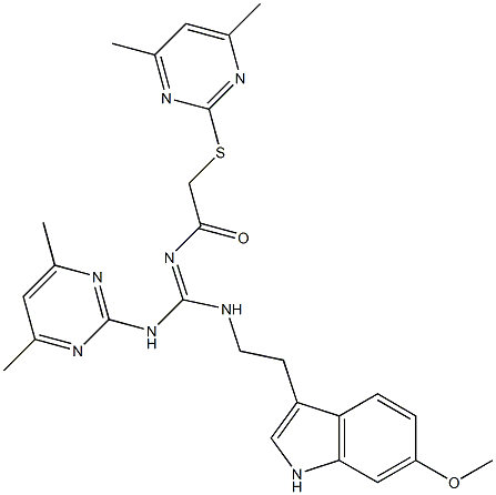 (E)-N-((4,6-DIMETHYLPYRIMIDIN-2-YLAMINO)(2-(6-METHOXY-1H-INDOL-3-YL)ETHYLAMINO)METHYLENE)-2-(4,6-DIMETHYLPYRIMIDIN-2-YLTHIO)ACETAMIDE Struktur