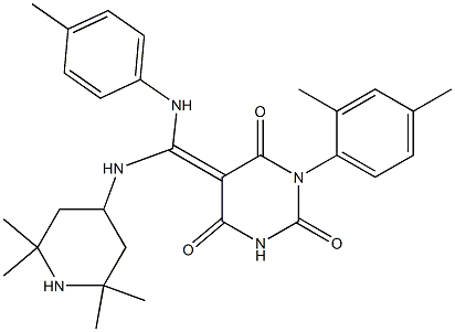 (Z)-5-((P-TOLUIDINO)(2,2,6,6-TETRAMETHYLPIPERIDIN-4-YLAMINO)METHYLENE)-1-(2,4-DIMETHYLPHENYL)PYRIMIDINE-2,4,6(1H,3H,5H)-TRIONE Struktur