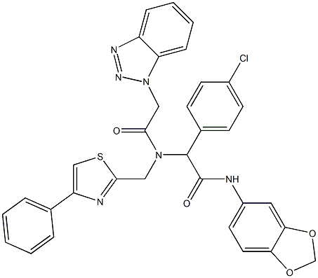 2-(2-(1H-BENZO[D][1,2,3]TRIAZOL-1-YL)-N-((4-PHENYLTHIAZOL-2-YL)METHYL)ACETAMIDO)-N-(BENZO[D][1,3]DIOXOL-5-YL)-2-(4-CHLOROPHENYL)ACETAMIDE Struktur