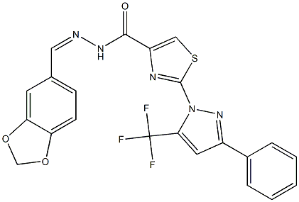 N'-[(1Z)-1,3-BENZODIOXOL-5-YLMETHYLENE]-2-[3-PHENYL-5-(TRIFLUOROMETHYL)-1H-PYRAZOL-1-YL]-1,3-THIAZOLE-4-CARBOHYDRAZIDE Struktur