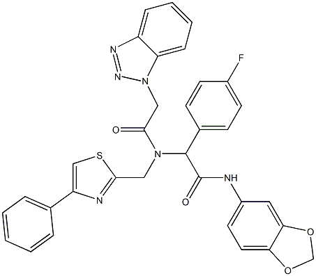 2-(2-(1H-BENZO[D][1,2,3]TRIAZOL-1-YL)-N-((4-PHENYLTHIAZOL-2-YL)METHYL)ACETAMIDO)-N-(BENZO[D][1,3]DIOXOL-5-YL)-2-(4-FLUOROPHENYL)ACETAMIDE Struktur