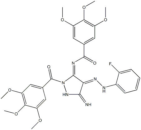 (E)-N-((E)-4-(2-(2-FLUOROPHENYL)HYDRAZONO)-5-IMINO-2-(3,4,5-TRIMETHOXYBENZOYL)PYRAZOLIDIN-3-YLIDENE)-3,4,5-TRIMETHOXYBENZAMIDE Struktur