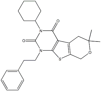 3-CYCLOHEXYL-6,6-DIMETHYL-1-PHENETHYL-1,5,6,8-TETRAHYDRO-2H-PYRANO[4',3':4,5]THIENO[2,3-D]PYRIMIDINE-2,4(3H)-DIONE Struktur