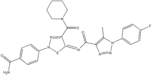 (Z)-N-(2-(4-CARBAMOYLPHENYL)-4-(PIPERIDINE-1-CARBONYL)-1,2,3-THIADIAZOL-5(2H)-YLIDENE)-1-(4-FLUOROPHENYL)-5-METHYL-1H-1,2,3-TRIAZOLE-4-CARBOXAMIDE Struktur