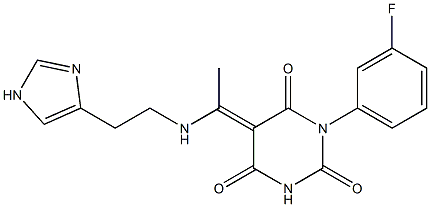 (5E)-1-(3-FLUOROPHENYL)-5-(1-{[2-(1H-IMIDAZOL-4-YL)ETHYL]AMINO}ETHYLIDENE)PYRIMIDINE-2,4,6(1H,3H,5H)-TRIONE Struktur