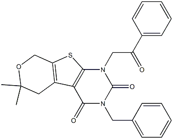 3-BENZYL-6,6-DIMETHYL-1-(2-OXO-2-PHENYLETHYL)-1,5,6,8-TETRAHYDRO-2H-PYRANO[4',3':4,5]THIENO[2,3-D]PYRIMIDINE-2,4(3H)-DIONE Struktur