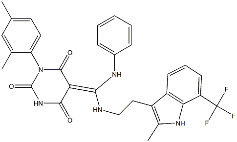 (Z)-1-(2,4-DIMETHYLPHENYL)-5-((2-(2-METHYL-7-(TRIFLUOROMETHYL)-1H-INDOL-3-YL)ETHYLAMINO)(PHENYLAMINO)METHYLENE)PYRIMIDINE-2,4,6(1H,3H,5H)-TRIONE Struktur