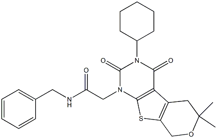 N-BENZYL-2-[3-CYCLOHEXYL-6,6-DIMETHYL-2,4-DIOXO-3,4,5,8-TETRAHYDRO-2H-PYRANO[4',3':4,5]THIENO[2,3-D]PYRIMIDIN-1(6H)-YL]ACETAMIDE Struktur