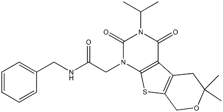 N-BENZYL-2-[3-ISOPROPYL-6,6-DIMETHYL-2,4-DIOXO-3,4,5,8-TETRAHYDRO-2H-PYRANO[4',3':4,5]THIENO[2,3-D]PYRIMIDIN-1(6H)-YL]ACETAMIDE Struktur