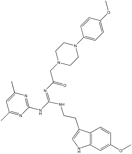 (E)-N-((4,6-DIMETHYLPYRIMIDIN-2-YLAMINO)(2-(6-METHOXY-1H-INDOL-3-YL)ETHYLAMINO)METHYLENE)-2-(4-(4-METHOXYPHENYL)PIPERAZIN-1-YL)ACETAMIDE Struktur