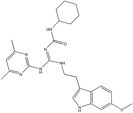 N-CYCLOHEXYL-N'-((E)-[(4,6-DIMETHYL-2-PYRIMIDINYL)AMINO]{[2-(6-METHOXY-1H-INDOL-3-YL)ETHYL]AMINO}METHYLIDENE)UREA Struktur