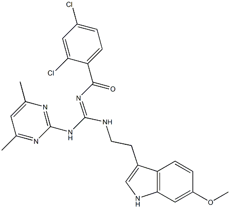 (E)-2,4-DICHLORO-N-((4,6-DIMETHYLPYRIMIDIN-2-YLAMINO)(2-(6-METHOXY-1H-INDOL-3-YL)ETHYLAMINO)METHYLENE)BENZAMIDE Struktur