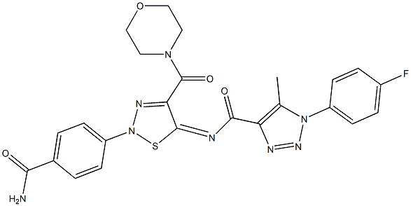 (Z)-N-(2-(4-CARBAMOYLPHENYL)-4-(MORPHOLINE-4-CARBONYL)-1,2,3-THIADIAZOL-5(2H)-YLIDENE)-1-(4-FLUOROPHENYL)-5-METHYL-1H-1,2,3-TRIAZOLE-4-CARBOXAMIDE Struktur