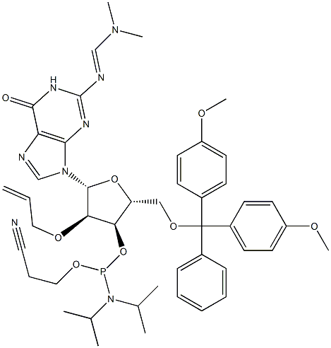 8-ALLYLOXY-3'-O-[(DIISOPROPYLAMINO)(2-CYANOETHOXY)PHOSPHINO]-5'-O-(4,4'-DIMETHOXYTRITYL)-N2-[(DIMETHYLAMINO)METHYLIDINE]-2'-DEOXYGUANOSINE Struktur