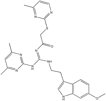 (E)-N-((4,6-DIMETHYLPYRIMIDIN-2-YLAMINO)(2-(6-METHOXY-1H-INDOL-3-YL)ETHYLAMINO)METHYLENE)-2-(4-METHYLPYRIMIDIN-2-YLTHIO)ACETAMIDE Struktur