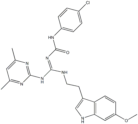 N-(4-CHLOROPHENYL)-N'-((E)-[(4,6-DIMETHYL-2-PYRIMIDINYL)AMINO]{[2-(6-METHOXY-1H-INDOL-3-YL)ETHYL]AMINO}METHYLIDENE)UREA Struktur