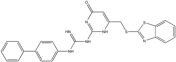 N-{6-[(1,3-BENZOTHIAZOL-2-YLSULFANYL)METHYL]-4-OXO-1,4-DIHYDRO-2-PYRIMIDINYL}-N'-[1,1'-BIPHENYL]-4-YLGUANIDINE Struktur