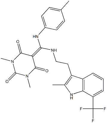 5-((P-TOLUIDINO)(2-(2-METHYL-7-(TRIFLUOROMETHYL)-1H-INDOL-3-YL)ETHYLAMINO)METHYLENE)-1,3-DIMETHYLPYRIMIDINE-2,4,6(1H,3H,5H)-TRIONE Struktur