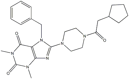 7-BENZYL-1,3-DIMETHYL-8-[4-(CYCLOPENTYLACETYL)PIPERAZIN-1-YL]-3,7-DIHYDRO-1H-PURINE-2,6-DIONE Struktur